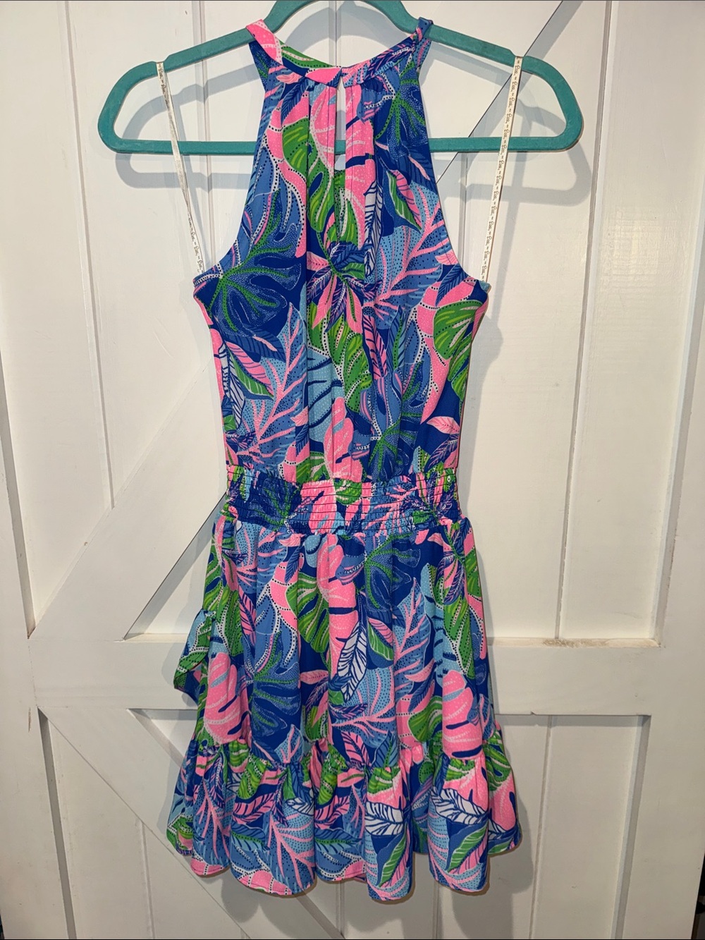 Lilly Pulitzer Tropical Halter Dress Women’s 00 Blue Pink Green Ruffle Hem - Picture 4 of 4